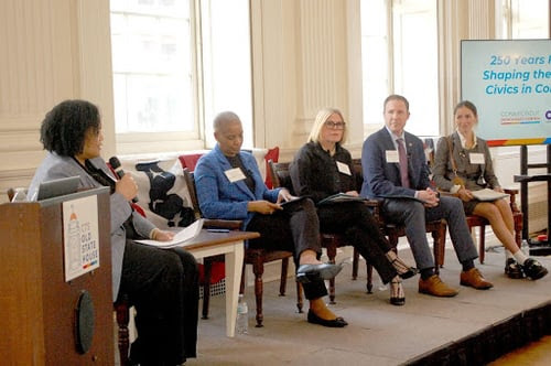 panel of speakers at Connecticut Civic Learning Coalition event